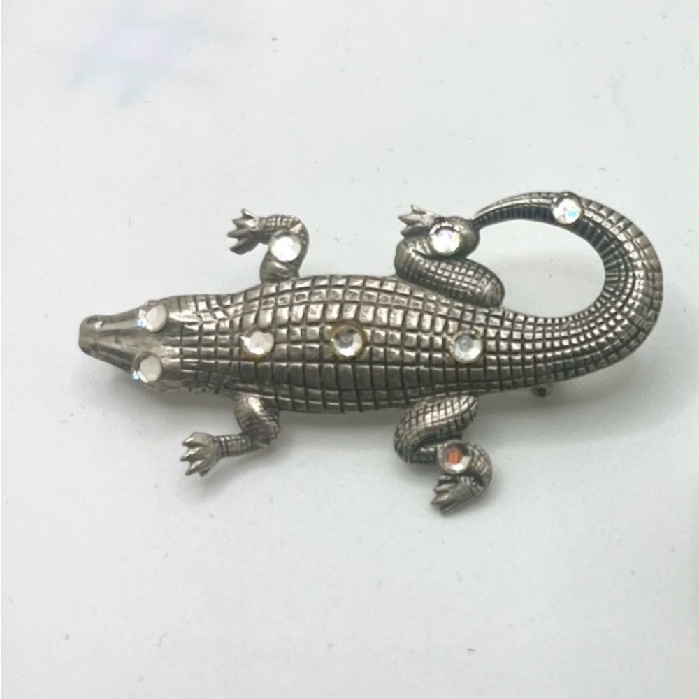 Vintage Alligator Crocodile Brooch Silver Tone Rhinestones